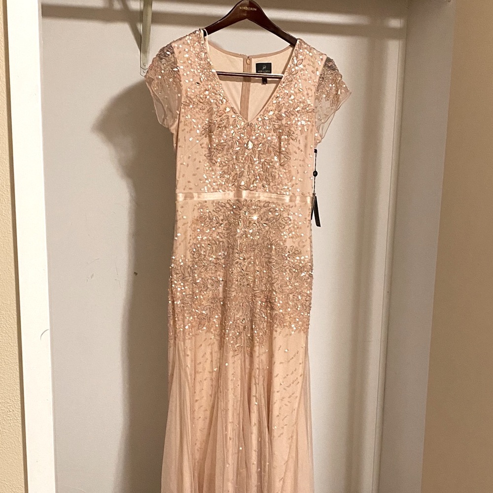 Adriana Papell blush beaded gown